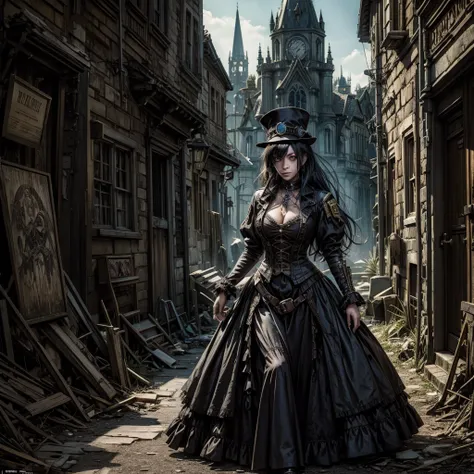 
an undead woman in a steampunk uniform in the foreground  near the obcietive searches a street of a semi-abandoned gothic village, next to her some grotesque and surreal undead characters