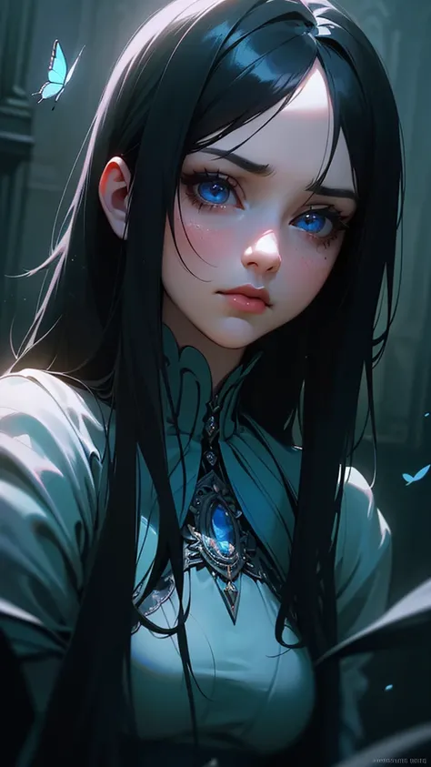 A beautiful young girl with long black hair and bangs, teary blue eyes, wearing gothic style clothing, surrounded by blue butterflies, (best quality,4k,8k,highres,masterpiece:1.2),ultra-detailed,(realistic,photorealistic,photo-realistic:1.37),intricate,ele...