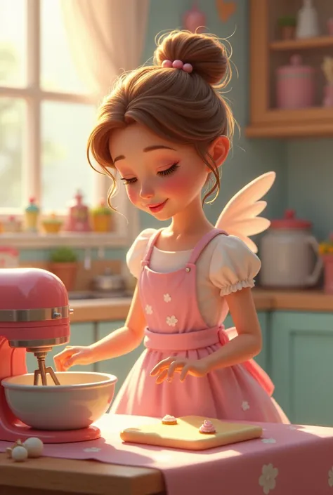  Imagine a Disney princess character as a girl in a kitchen setting
Colors: She uses soft and pastel shades like pink, lila, mint and yellow.
outfit:  wear an adorable baking apron with details like small cakes and cupcakes. Her dress is light and airy, in...