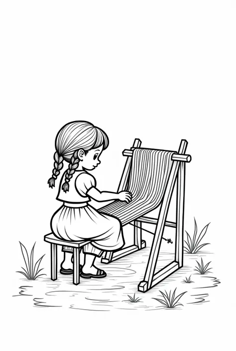 A peasant girl weaving on a loom is a cartoon coloring page .
The girl must be from the countryside with braids
The image must be in black and white
That she is facing away, weaving the loom 