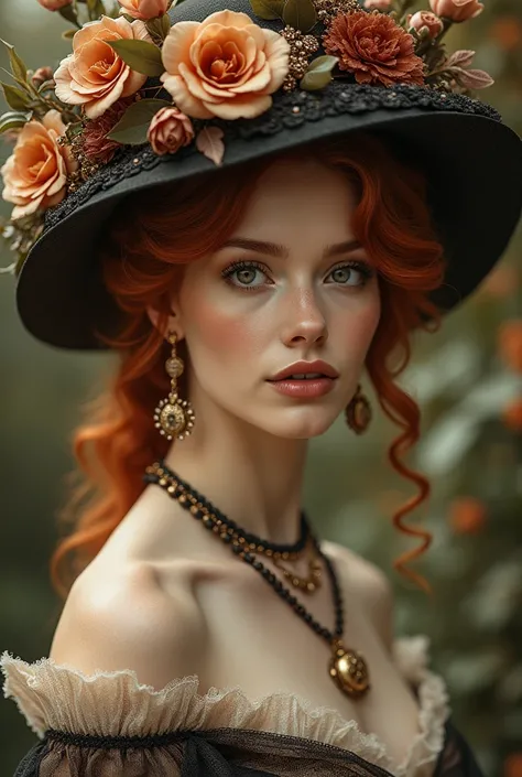 (Masterpiece) An insanely beautiful Victorian lady with rich flowering over the top hat, red hair, flirting, rich jewelry, vintage sepia photography, outdoor photography, extremely inviting look, looking at the camera, very old and torned photo