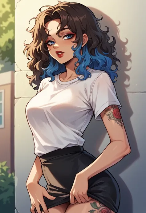 Anime style, 1women, lifting her skirt exposing genitals , seductive expression, bright red lips, sexy tattoo on hand, neck and lap brunette, black and blue multi colored hair, short hair , wavy hair, messy hair, curly hair, black eye liner, blue eye shado...