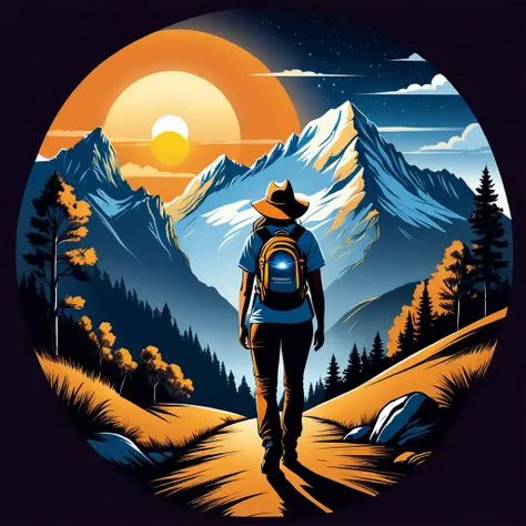 print ready vector t-shirt design, adventure scene with explorer, with beautiful nocturnal sun and mountain in the background, c...