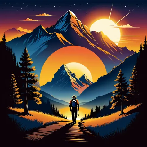 print ready vector t-shirt design, adventure scene with explorer, with beautiful nocturnal sun and mountain in the background, c...