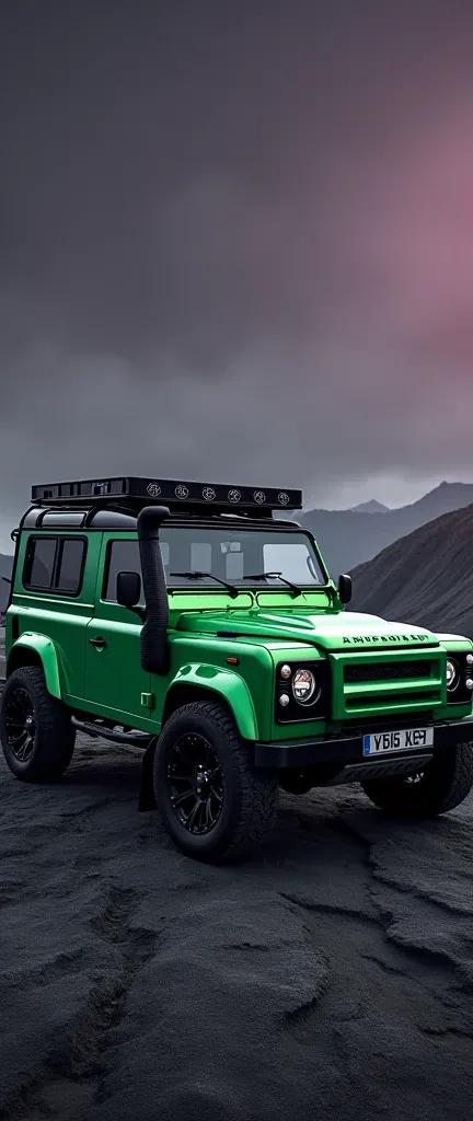 Brand new ((full option)(land rover defender 110)) in greenish colour and (ceramic coating help shining body) with defender roof carrier and side ladder. Diamond cut alloy wheels at (minimum ground clearance). Dark violet sky and dark grey soil. 