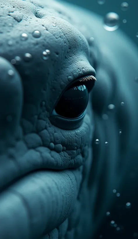 A close-up of a whales eye, modern day, underwater, one eye open while the other side of its face is in shadow, surrounded by small bubbles, extreme close-up, hyper-realistic, photo realism, cinematography --ar 9:16