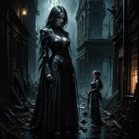 a detailed portrait of an undead woman in a steampunk uniform, standing in the foreground of a semi-abandoned gothic village street, her face partially obscured by shadows, eyes glowing with a supernatural intensity, next to her are several grotesque and s...