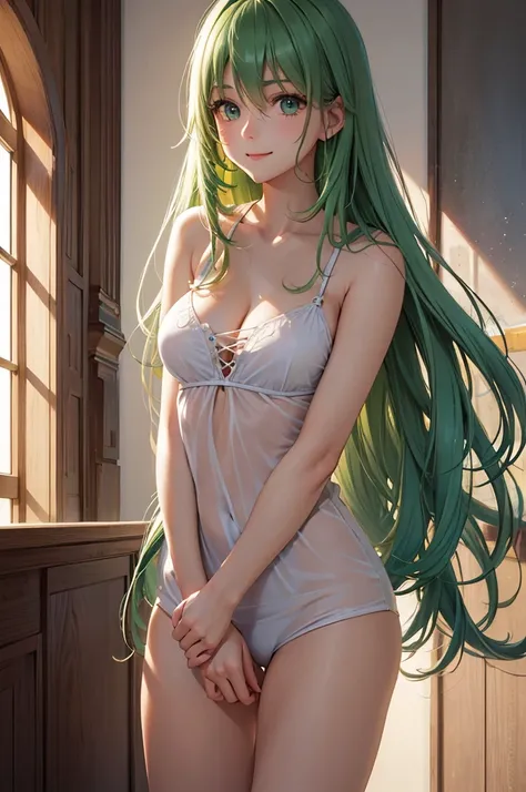 Best Quality,High resolution,8k,finelity detailed background,Masterpiece:1.2),beautiful girl,Shiny green hair,messy hair,Green Eyes,Gentle look,A refreshing look,smile,Best quality,Best Quality,Aesthetic and aesthetic:1.2,Best details((Super detailed))(Hig...