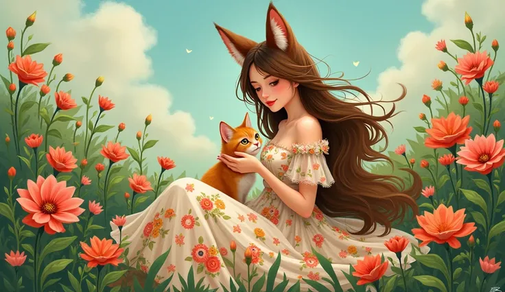 absurd, high resolution, Extremely detailed, (1 Girl:1.3), (medium breasts:1.5), Hand Painted, Simple lines, 18-year-old girl wearing colorful Casual Floral dress, Sexy fox ears girl, By the lush flower field playing with a cat, masterpiece, sitting in flo...