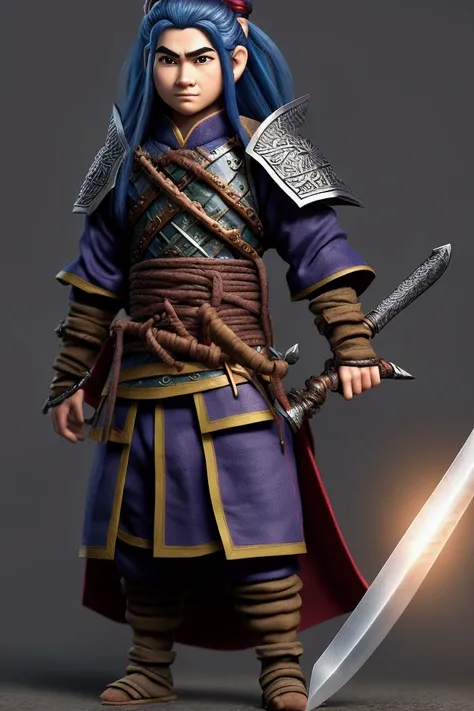 Create a young Gnome Samurai , with medieval samurai clothes, Colorful and long hair, and average height, with a great aura of power emanating from his sword