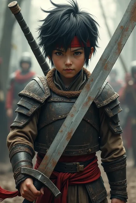 Short, black-haired Warrior , wearing a breastplate ,with a red headband , holding a two-handed sword .