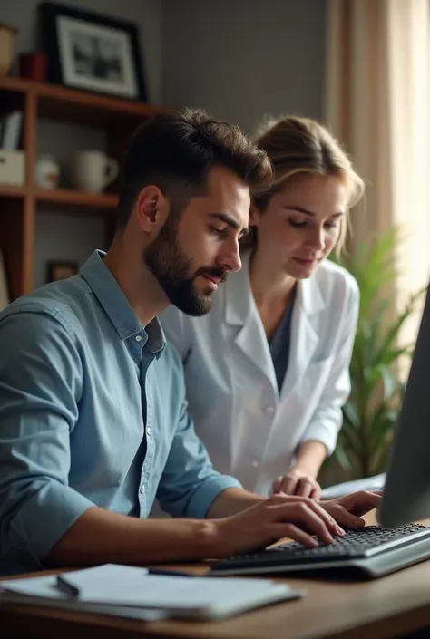 A male engineer working on his computer with his lover female doctor 