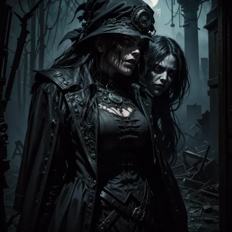 a detailed portrait of an undead woman in a steampunk uniform, standing in the foreground of a semi-abandoned gothic village street, her face partially obscured by shadows, eyes glowing with a supernatural intensity, next to her are several grotesque and s...