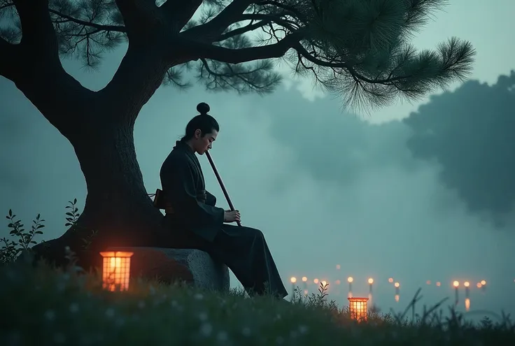 Low angle, low tilted POV. A lone samurai sitting on a stone under a Japanese pine tree, deeply absorbed in playing the Japanese shakuhachi flute, beautiful detailed eyes, beautiful detailed lips, extremely detailed face, long eyelashes, traditional Japane...