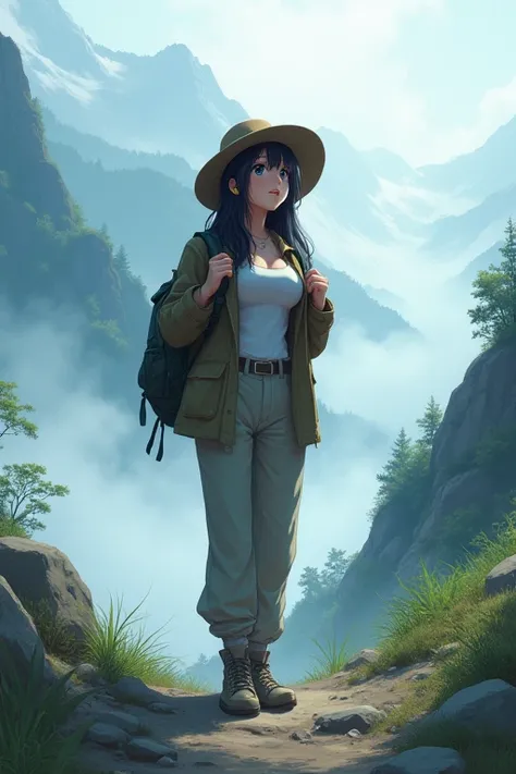 score 9,score 8 up,score 7 up,From front,masterpiece,HDR,illustration,Anime,bokeh,1 girl,black hair,big breasts,earring,jacket,long pants,safari hat,backpack,She looks up,She grabs the shoulder straps of her backpack,White thick fog,The whole area is cover...