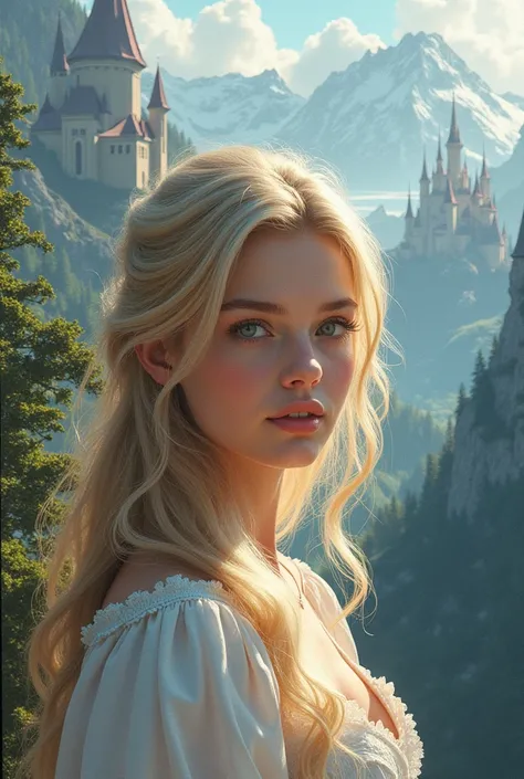 (masterpiece),(best quality), illustration, (fantasy:1.4), perfect female face, solo, cute detailed digital art, beautiful face, golden hair, castle, mountain, a young woman, , paper_cut