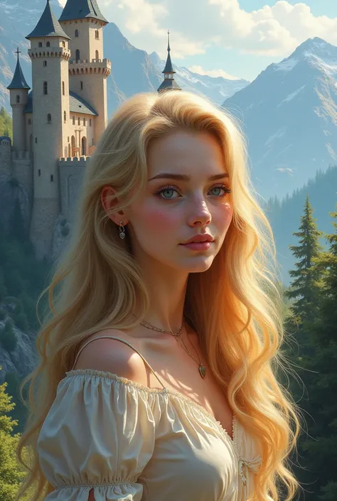 (masterpiece),(best quality), illustration, (fantasy:1.4), perfect female face, solo, cute detailed digital art, beautiful face, golden hair, castle, mountain, a young woman, , paper_cut