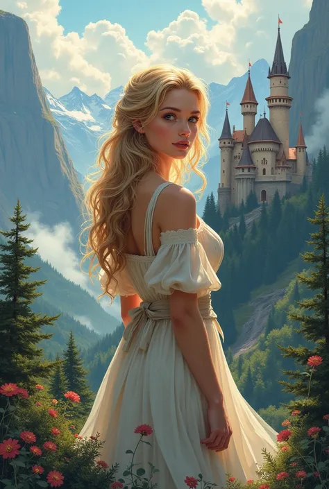 (masterpiece),(best quality), illustration, (fantasy:1.4), perfect female face, solo, cute detailed digital art, beautiful face, golden hair, castle, mountain, a young woman, , paper_cut