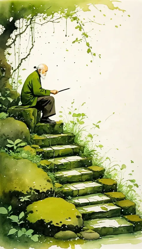 chinese ink wash painting sketch：light ink，lowercase，sketch，artistic conception，old man on mossy steps，minimalism，(((negative sp...