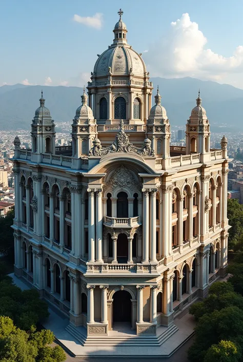 A blend of the Bellas Artes Palace in Medellín and the Metropolitan Basilica in Medellín to create an eclectic style building.