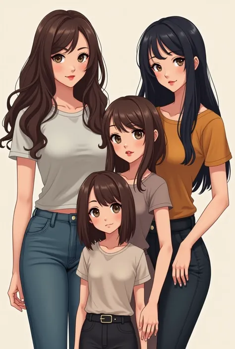 A group of 4 girls The first one is a brunette with long hair, Brown eyes, white and wearing clothes a t-shirt and jeans The second black-haired girl with long hair, with red lips, with makeup and clothes that have a top and skirt.

The third one that is s...