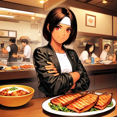 Single,Female,eating grilled fish in a restaurant,short height,dark hair,dark skin,red eyes,((black jacket with rolled up arms)),fingerless gloves,white T-shirt,(white headband),black pants,white shoes,brown belt,cute,indoor-oriented,charming,top quality,n...