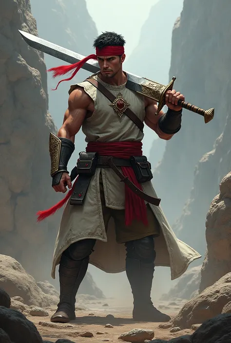 Man with short, black hair , wearing light armor,with a red headband , holding a two-handed sword .