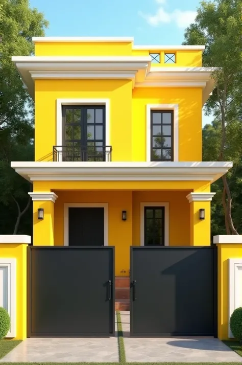 Yellow house facade with white borders and two black sliding gates