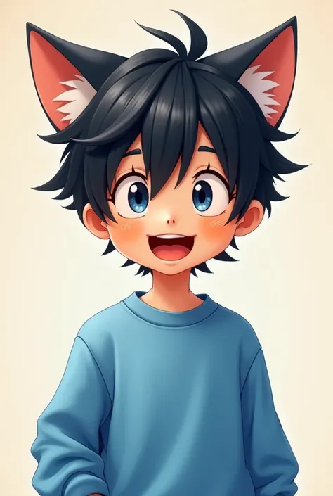 Male cartoon character with black hair, cat ears, blue sweatshirt, closed eyes and open mouth.