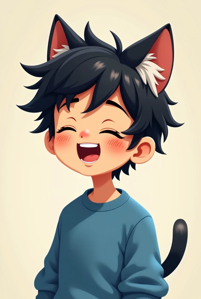 Male cartoon character with black hair, cat ears, blue sweatshirt, closed eyes and open mouth.