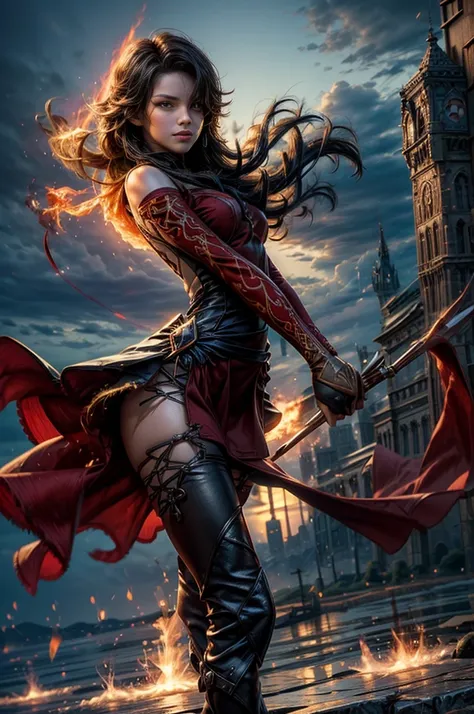 (masterpiece, best quality:1.2), cowboy shot, solo, 1girl, cinder fall, looking at viewer, long hair, red dress, elbow gloves, pantyhose, dynamic pose, flying, holding flames, high in the sky, blue sky, clouds, (volumetric lighting), sharp focus, hyper det...