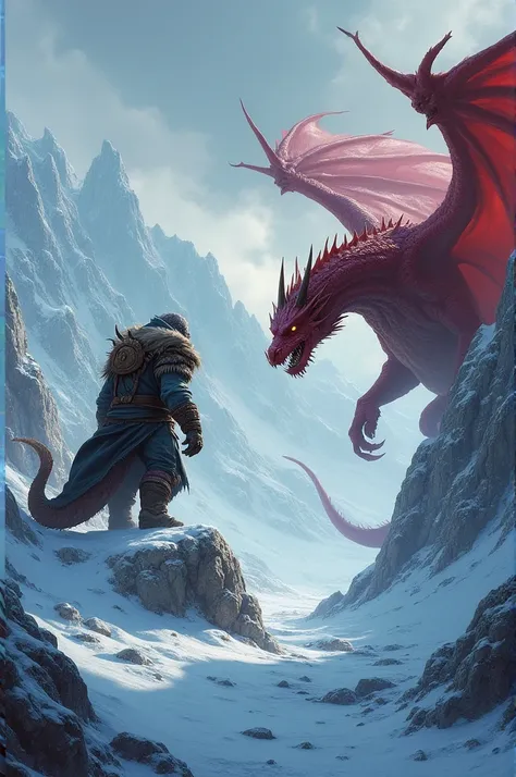 Create a battle between a monstrous orc and a red dragon on a frozen mountain.