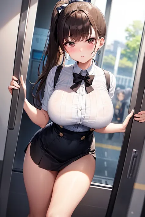 Big Breasts、French Ponytail、Brown Hair、uniform、White Shirt、Navy blue mini skirt、Black fishnet stockings、Long, slender legs、Emphasize the chest、crowded train、Displeased face、High resolution、masterpiece、Highest quality、High-resolution model