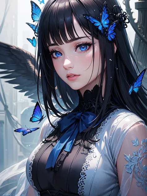 beautiful detailed eyes, beautiful detailed lips, extremely detailed eyes and face, long eyelashes, 1girl, kitsune, long black hair, bangs, blue eyes, blue butterflies flying around, gothic lolita style clothing, digital art, intricate details, highly deta...