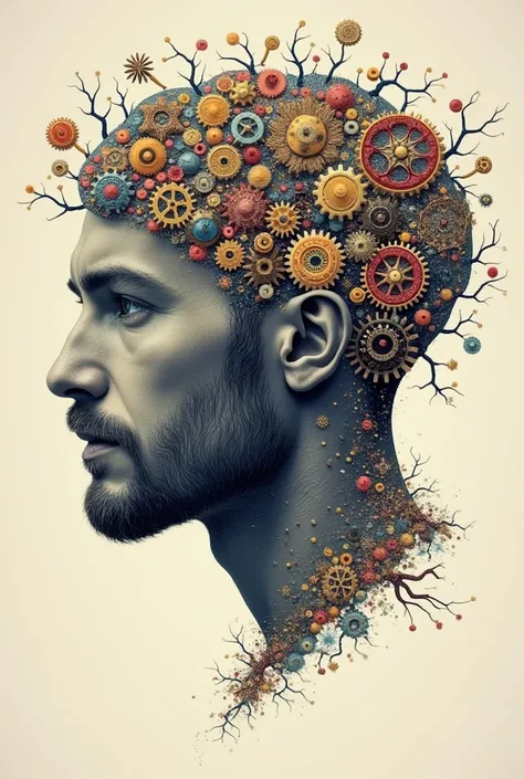 Poster of a mans face with typographic illustrations, intricate gears, interconnected neurons and elements that symbolize neurology, Create brain shapes, side view of face shape, 