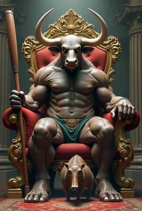 A large bull sitting on a chair inside a colossus, in one hand a baseball bat and in the other a spear impaling a tapir.