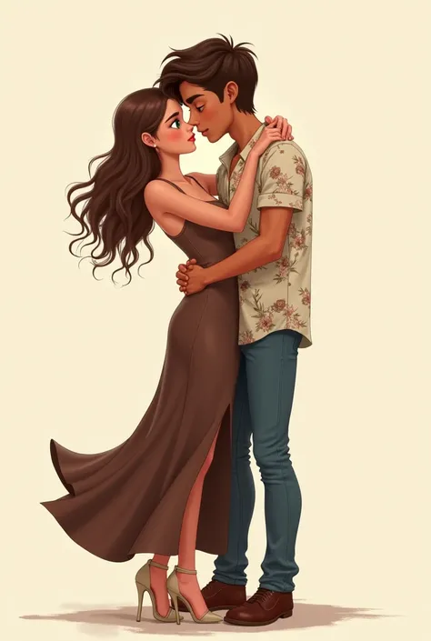 A white girl with wavy light brown hair, long hair down to her butt, Wearing a long brown dress with thin straps and beige high heels, The jump is not thin. Green eyes almost brown hugging a boy one finger taller than her with light brown skin, short brown...