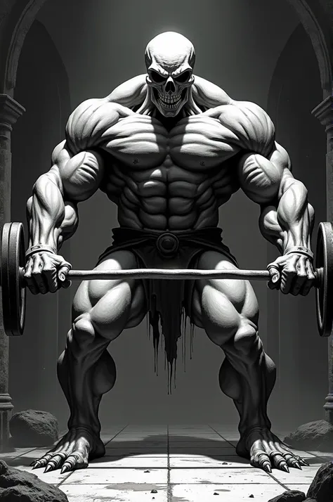 A skeleton with giant muscles working out at the gym in black and white