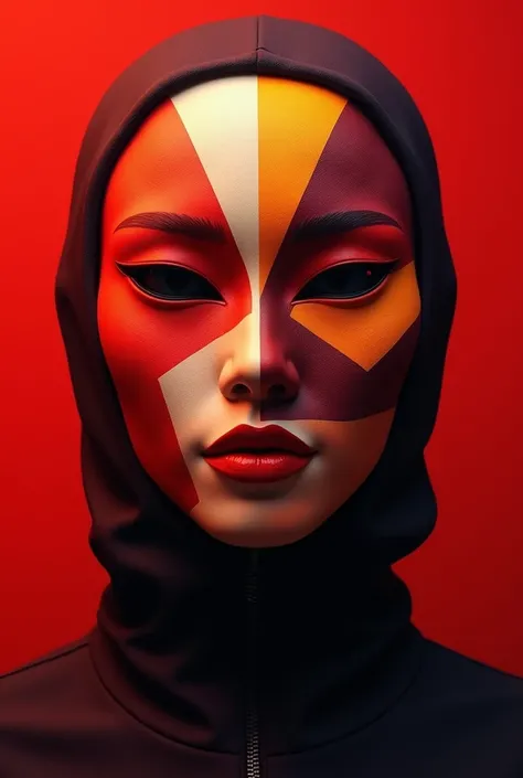 create a cubism mask image with red colors, maroon, orange with red background 