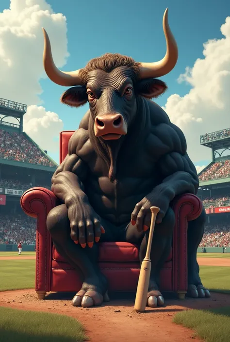 A large bull sitting on a chair inside a baseball stadium, holding a baseball bat in one hand. 