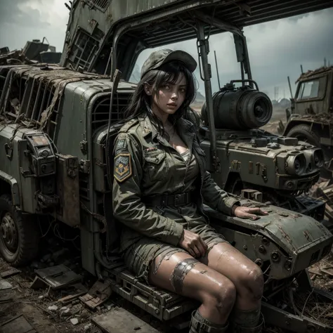 
a mysterious and ghostly woman in a worn and torn uniform sitting near the remains of some military vehicles in a post-apocalyptic and dystopic scenario, the woman is framed in the foreground and with a very detailed face