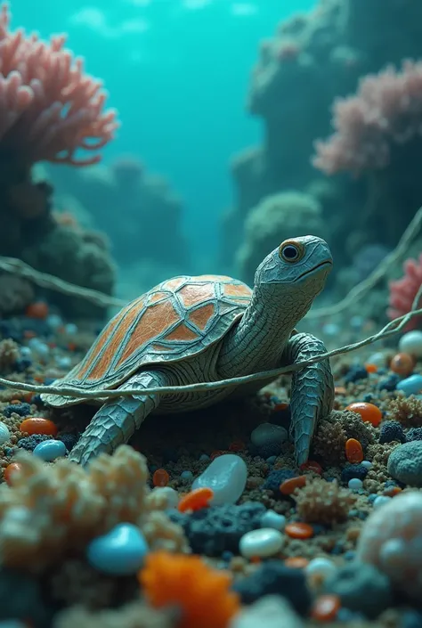 "A highly detailed, 8K resolution cinematic scene of an origami turtle trapped in a fishing net near a coral reef. The reef is surrounded by garbage, creating a dramatic and intense atmosphere. The turtle, made of paper, has a small piece of paper attached...