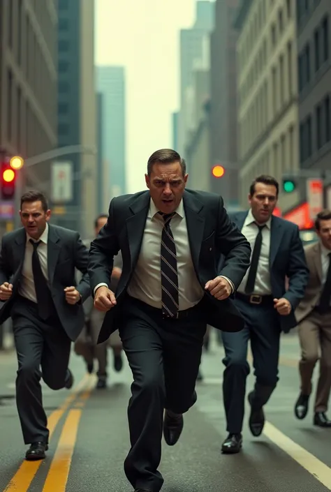 ((masterpiece, best quality, highly dramatic picture, cinematic lens effect)) Chicago gangsters rushing across the street in an exaggerated panic , goofy facial expressions 