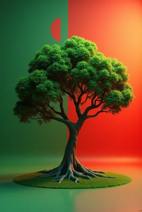 3d animated tree, background color will be Bangladesh flag colour green, red mixed. The size and quality of the wallpaper have to be for WhatsApp profile photo 