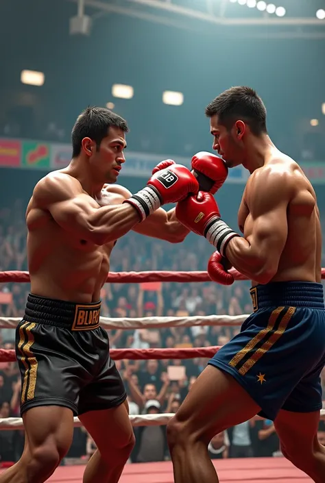  boxers fighting in a ring with a crowd holding signs, taking punches


