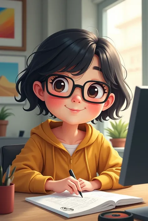 a girl, chubby, with short dark hair. pale skin and who wears glasses and works as a Graphic Designer.