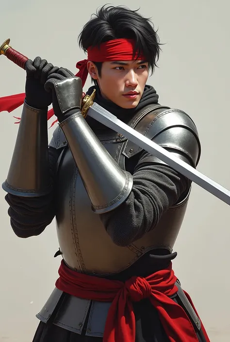 Man with short, black hair , wearing light steel armor,with a red headband , holding an epée.