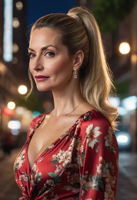 A close-up, 8K quality, realistic image of a beautiful 45-year-old European woman with long blonde hair tied back in a ponytail. She has a curvy body with slightly larger breasts and is wearing a red floral-patterned blouse and a short skirt. She is standi...