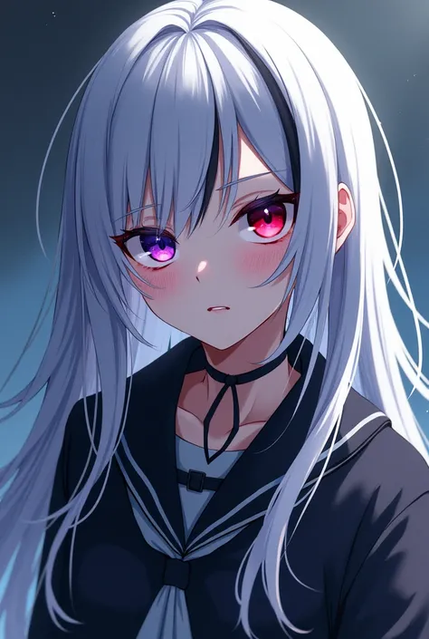 Anime girl with white hair and a black streak, One eye is blue-violet and the other is red