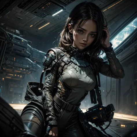 
a woman in a worn and torn futuristic interstellar fleet uniform outside the half-destroyed interstellar fleet spaceship, the woman with her hands raised is interrogated by an alien, the scene is framed in close-up and very detailed